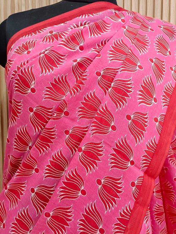Pink & Red Handloom Finest Mul Printed Cotton Saree Balaram Saha