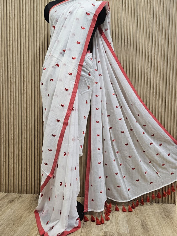 White & Red Soft Hamdloom Mul Cotton Comfart Wear Saree Balaram Saha