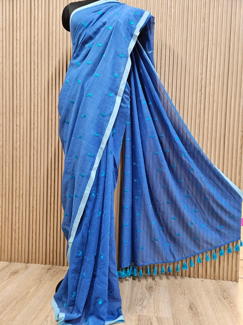 Blue Soft Hamdloom Mul Cotton Comfart Wear Saree Balaram Saha