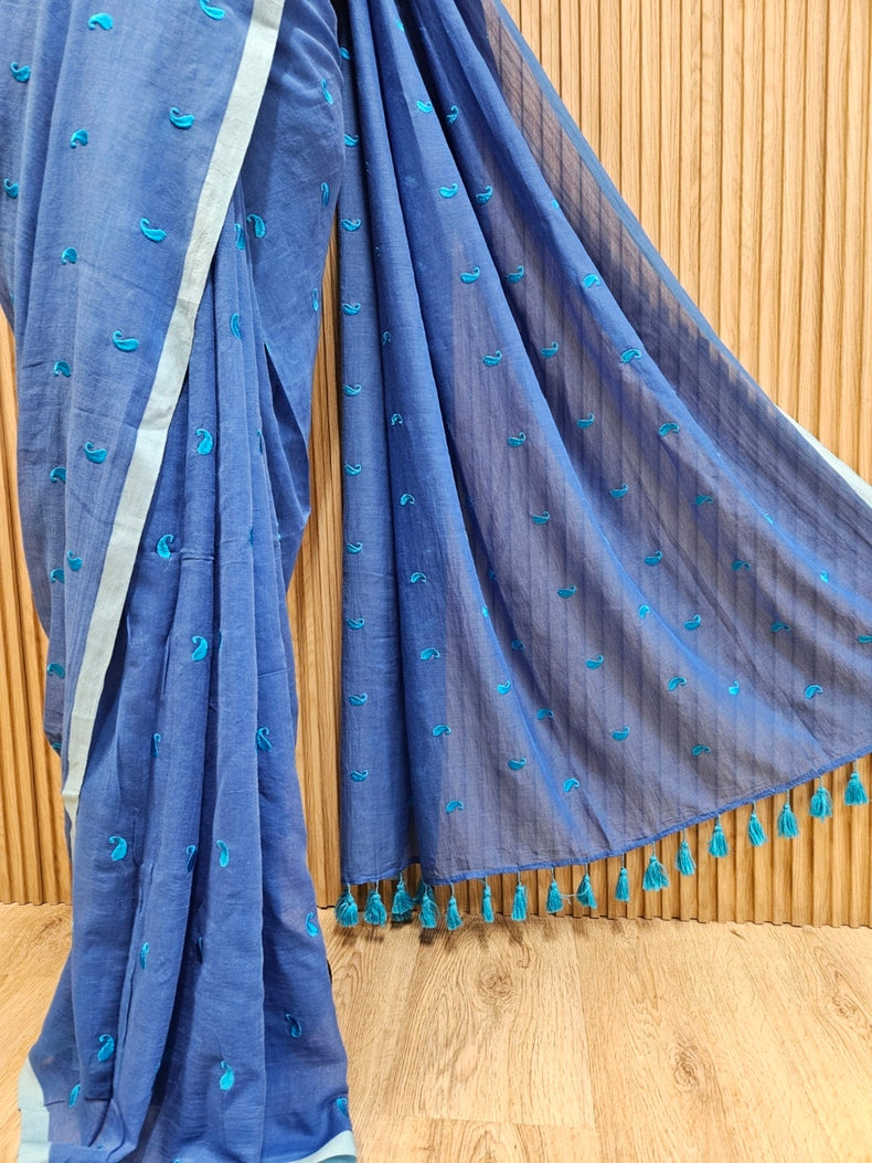 Blue Soft Hamdloom Mul Cotton Comfart Wear Saree Balaram Saha