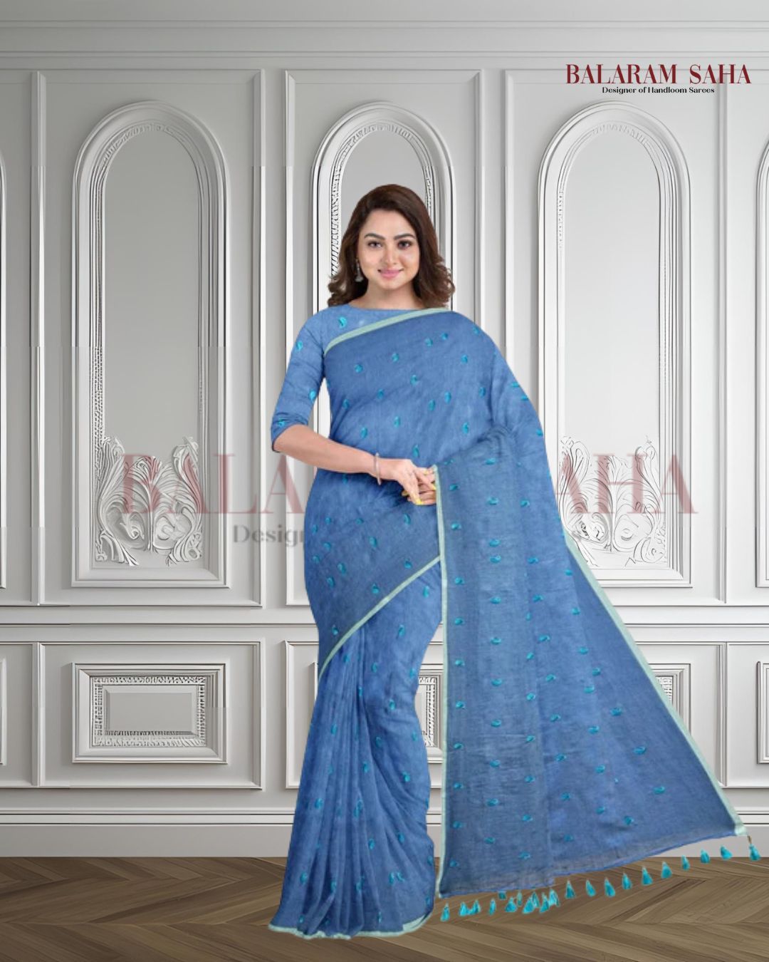 Blue Soft Hamdloom Mul Cotton Comfart Wear Saree Balaram Saha