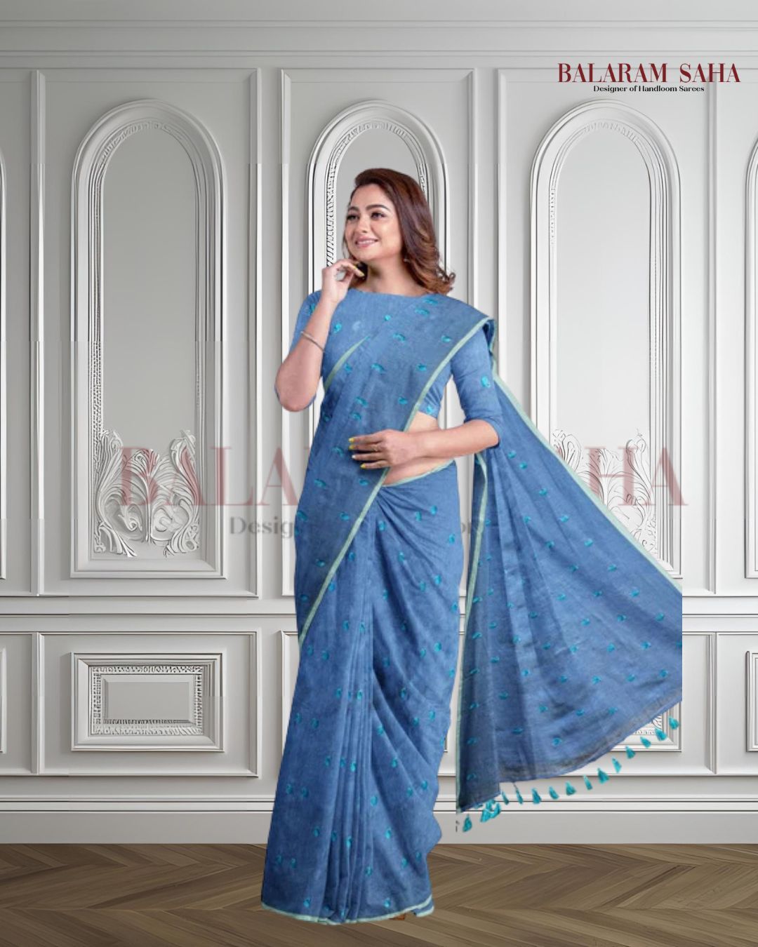 Blue Soft Hamdloom Mul Cotton Comfart Wear Saree Balaram Saha