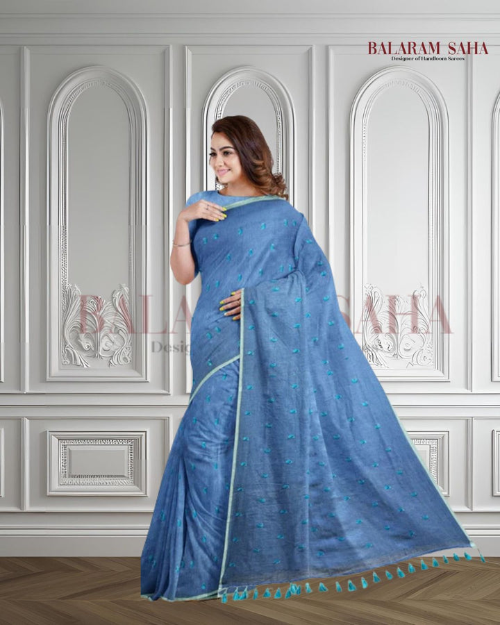Blue Soft Hamdloom Mul Cotton Comfart Wear Saree Balaram Saha