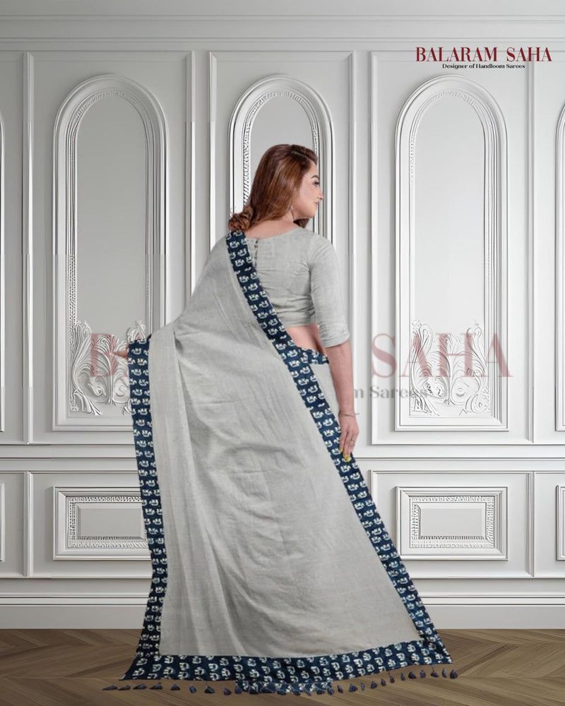 Gery & Blue Handloom Mul Cotton Saree With Aplik Printed Border Balaram Saha