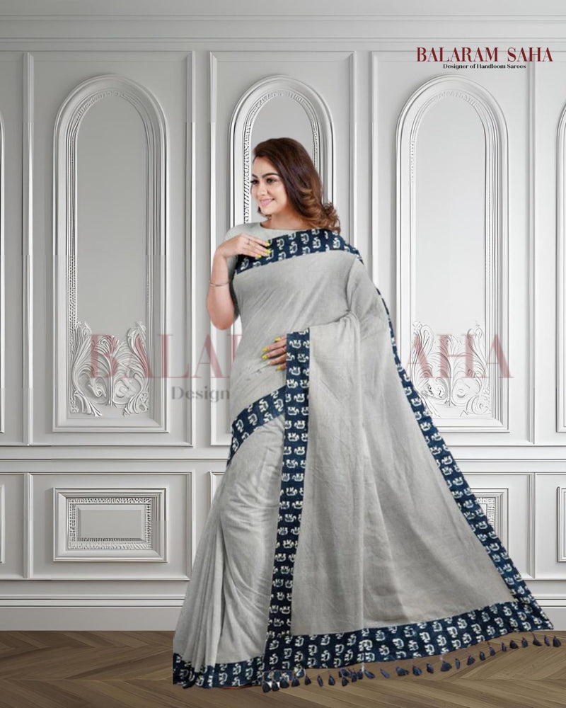 Gery & Blue Handloom Mul Cotton Saree With Aplik Printed Border Balaram Saha
