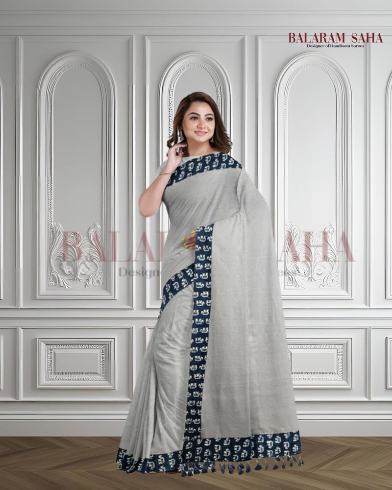 Gery & Blue Handloom Mul Cotton Saree With Aplik Printed Border Balaram Saha