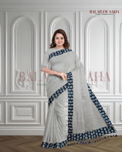 Gery & Blue Handloom Mul Cotton Saree With Aplik Printed Border Balaram Saha