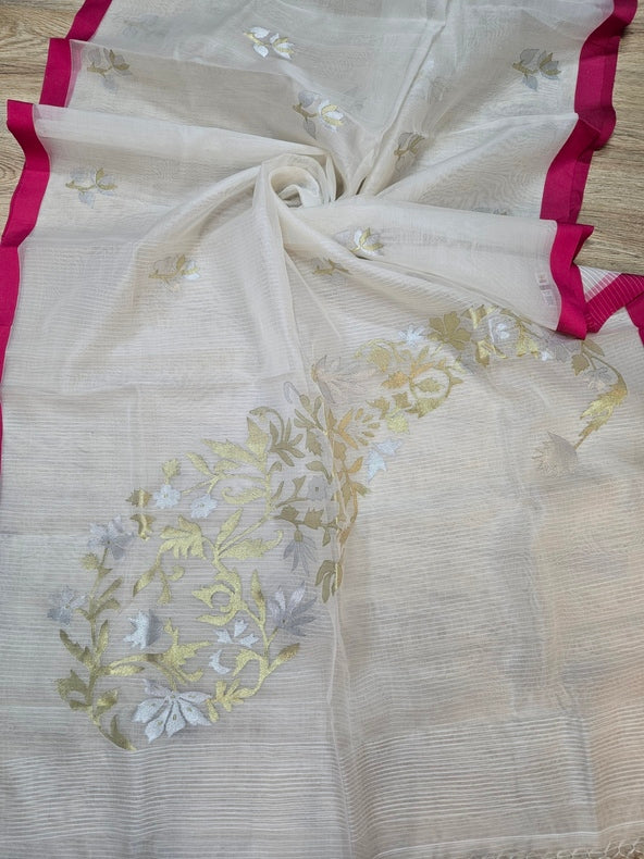 Earthy Elegance: Off-White & Pink Muslin Silk Jamdani Saree Balaram Saha