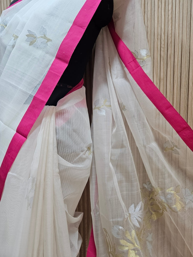 Earthy Elegance: Off-White & Pink Muslin Silk Jamdani Saree Balaram Saha