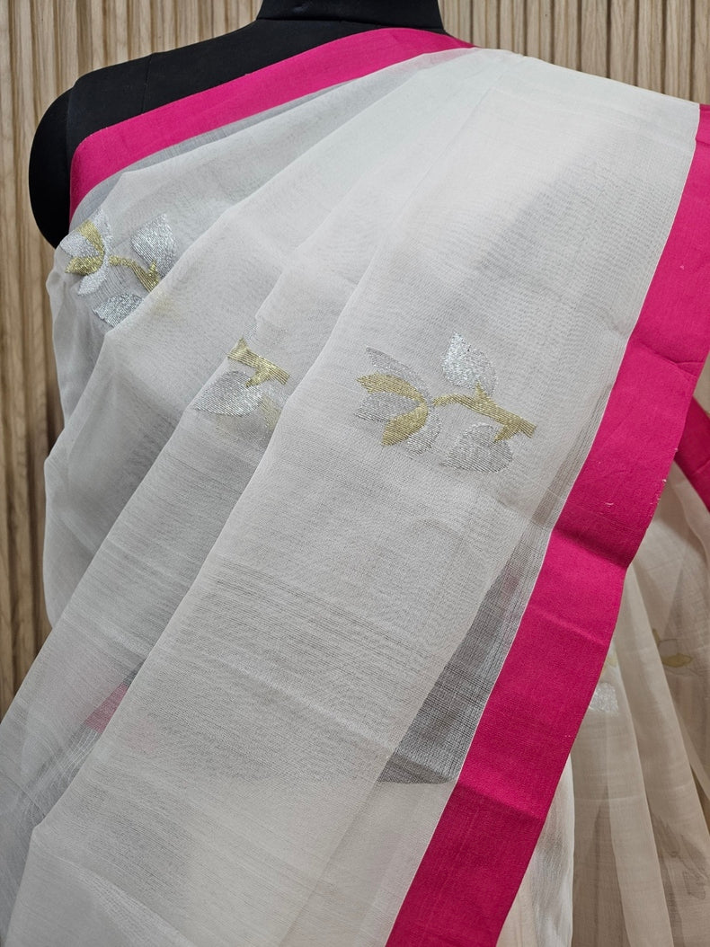Earthy Elegance: Off-White & Pink Muslin Silk Jamdani Saree Balaram Saha