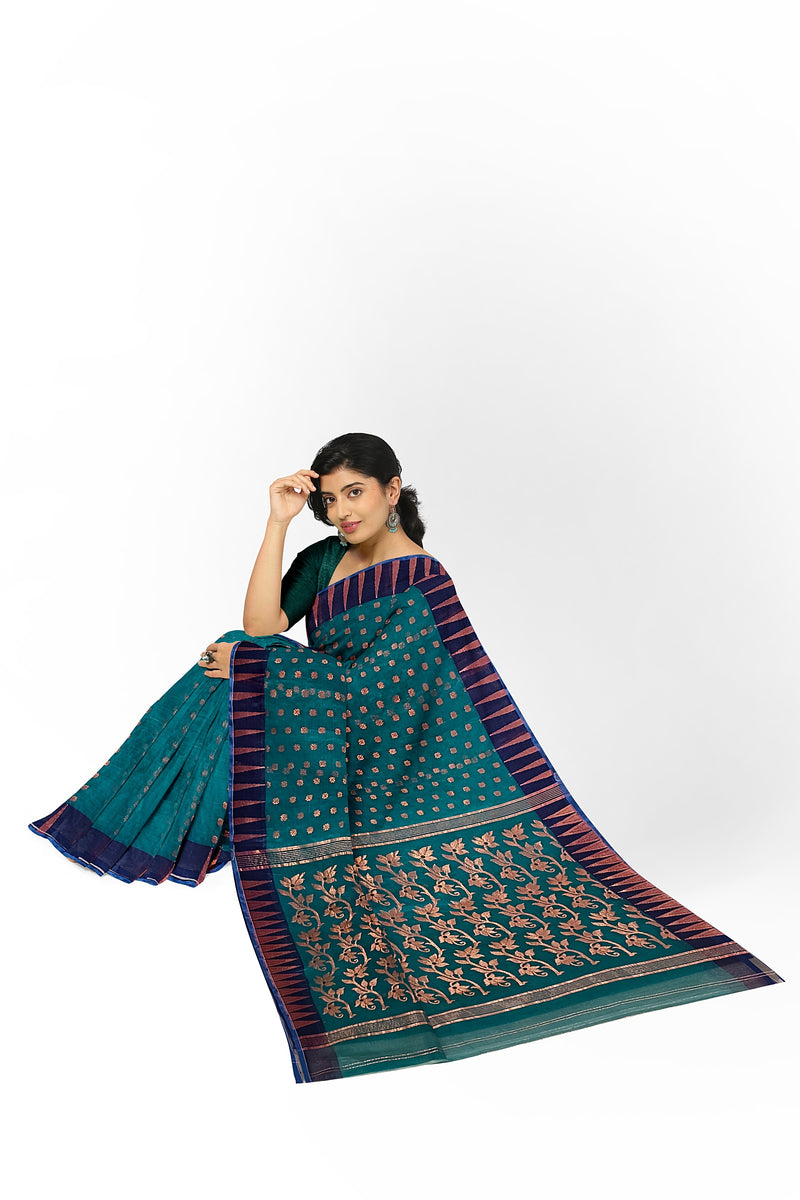 Peacock Blue Handloom Muslin Silk  Jacquard Weave Dhakai Saree Balaram Saha