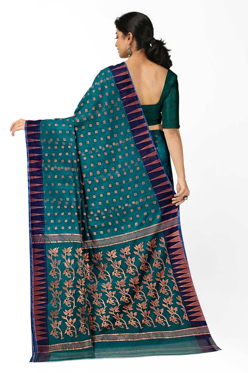 Peacock Blue Handloom Muslin Silk  Jacquard Weave Dhakai Saree Balaram Saha