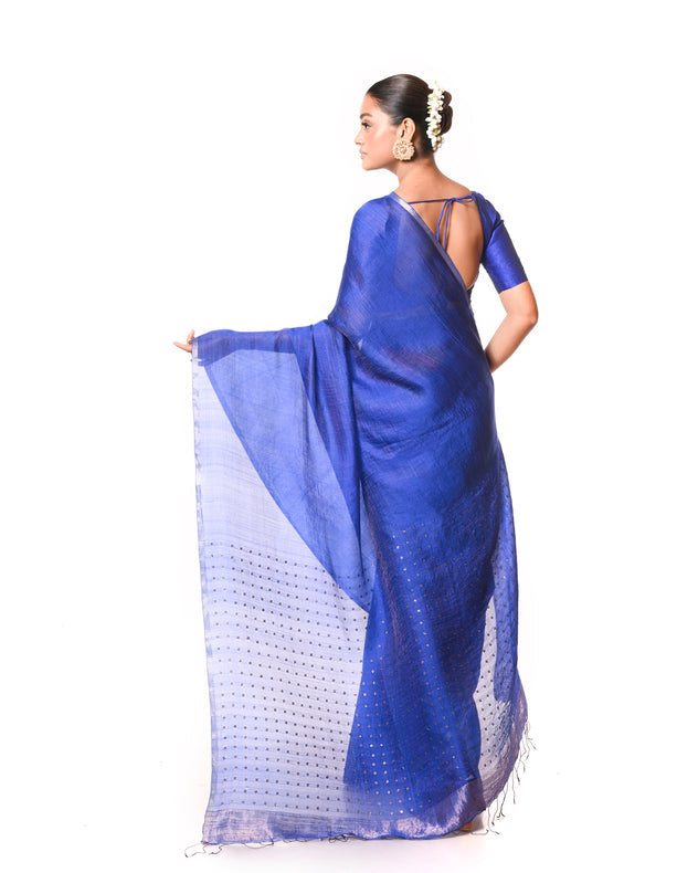 Blue Handloom Muslin Silk Saree with Multicolor Zari Stripes and Sequin Weave Aanchal Balaram Saha