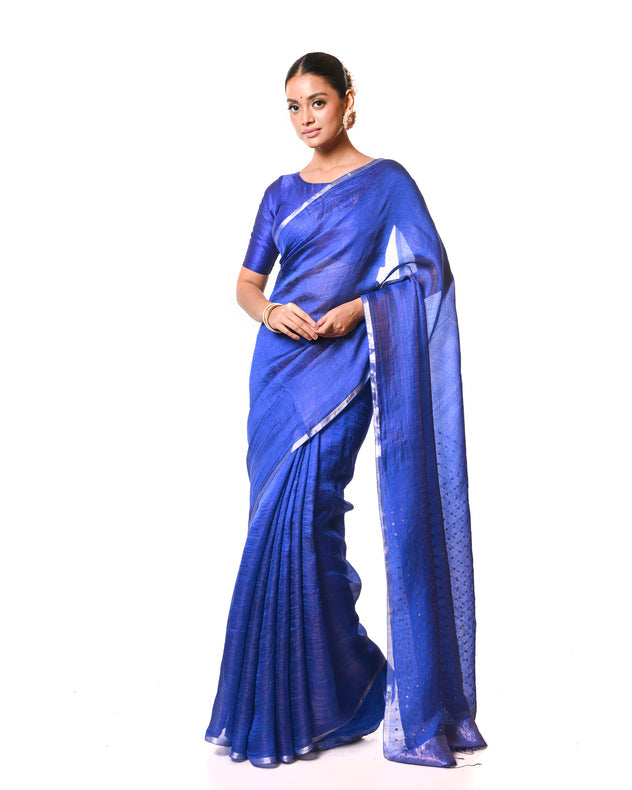 Blue Handloom Muslin Silk Saree with Multicolor Zari Stripes and Sequin Weave Aanchal Balaram Saha