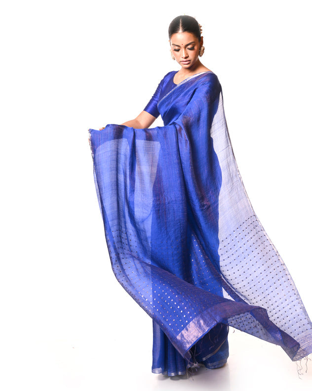 Blue Handloom Muslin Silk Saree with Multicolor Zari Stripes and Sequin Weave Aanchal Balaram Saha