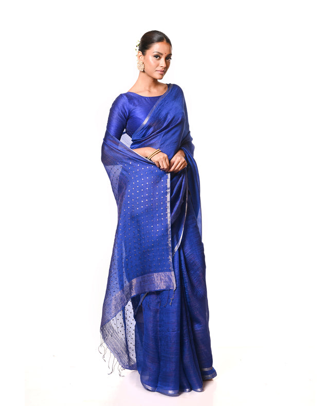 Blue Handloom Muslin Silk Saree with Multicolor Zari Stripes and Sequin Weave Aanchal Balaram Saha