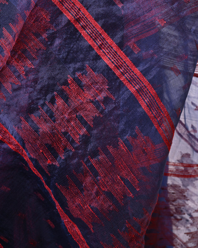 Blue & Red Muslin Silk Saree with Red Tussar Silk Stripes & Jamdani Aanchal Balaram Saha