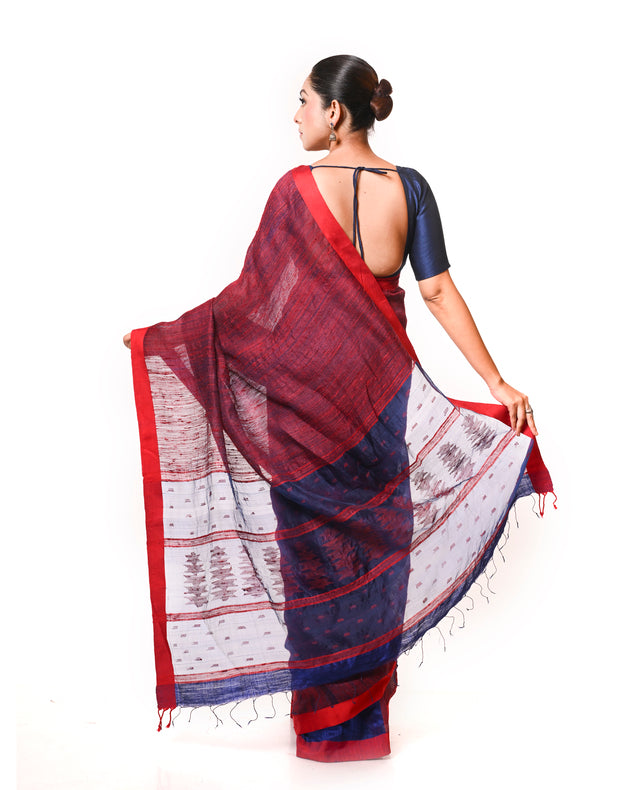 Blue & Red Muslin Silk Saree with Red Tussar Silk Stripes & Jamdani Aanchal Balaram Saha