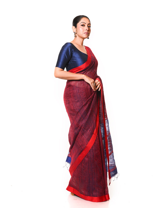 Blue & Red Muslin Silk Saree with Red Tussar Silk Stripes & Jamdani Aanchal Balaram Saha
