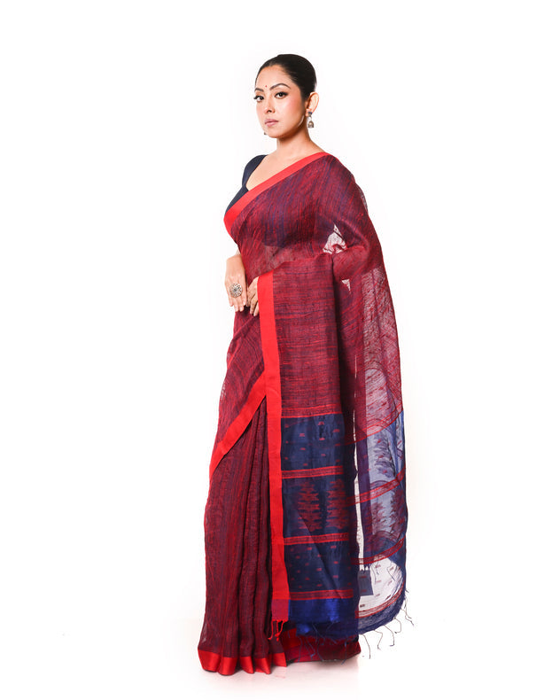 Blue & Red Muslin Silk Saree with Red Tussar Silk Stripes & Jamdani Aanchal Balaram Saha