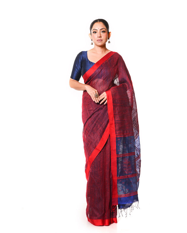 Blue & Red Muslin Silk Saree with Red Tussar Silk Stripes & Jamdani Aanchal Balaram Saha