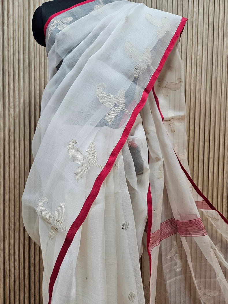 Off-White Muslin Jamdani Silk Saree Features a Striking Red Contrast Border Balaram Saha