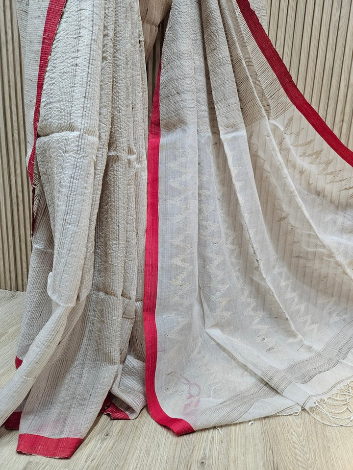 Off White & Red Handsloom Muslin Silk Saree With Jute Weave Balaram Saha