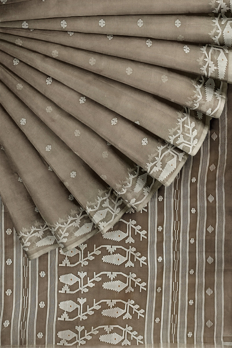 Light brown Handwoven Muslin Silk Jamdani Saree - (muslin silk saree, jamdani saree, jamdani sarees, cotton jamdani saree, jamdani cotton saree, handloom cotton saree, balaram saha online, jamdani saree online, soft jamdani saree)