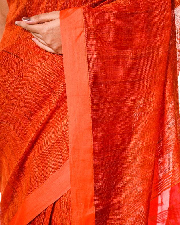 Orange & Red Muslin Silk Saree with Orange Tussar Silk Stripes & Jamdani Aanchal Balaram Saha