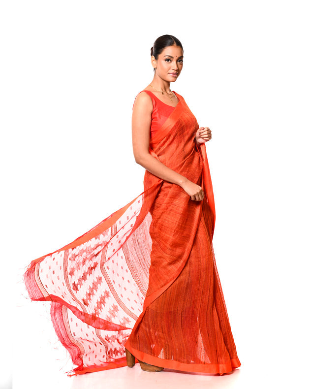 Orange & Red Muslin Silk Saree with Orange Tussar Silk Stripes & Jamdani Aanchal Balaram Saha