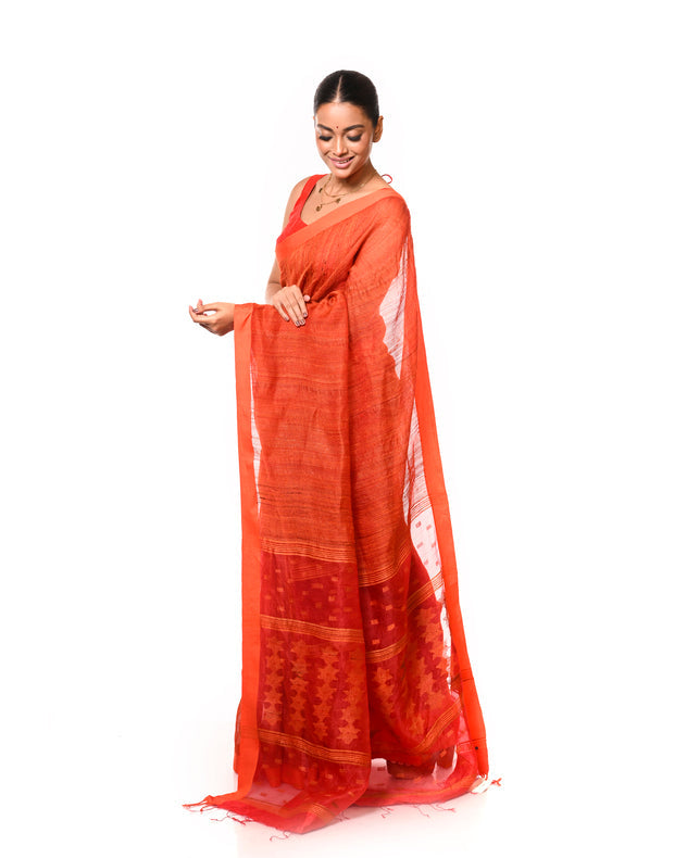 Orange & Red Muslin Silk Saree with Orange Tussar Silk Stripes & Jamdani Aanchal Balaram Saha