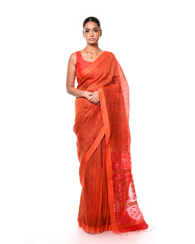 Orange & Red Muslin Silk Saree with Orange Tussar Silk Stripes & Jamdani Aanchal Balaram Saha
