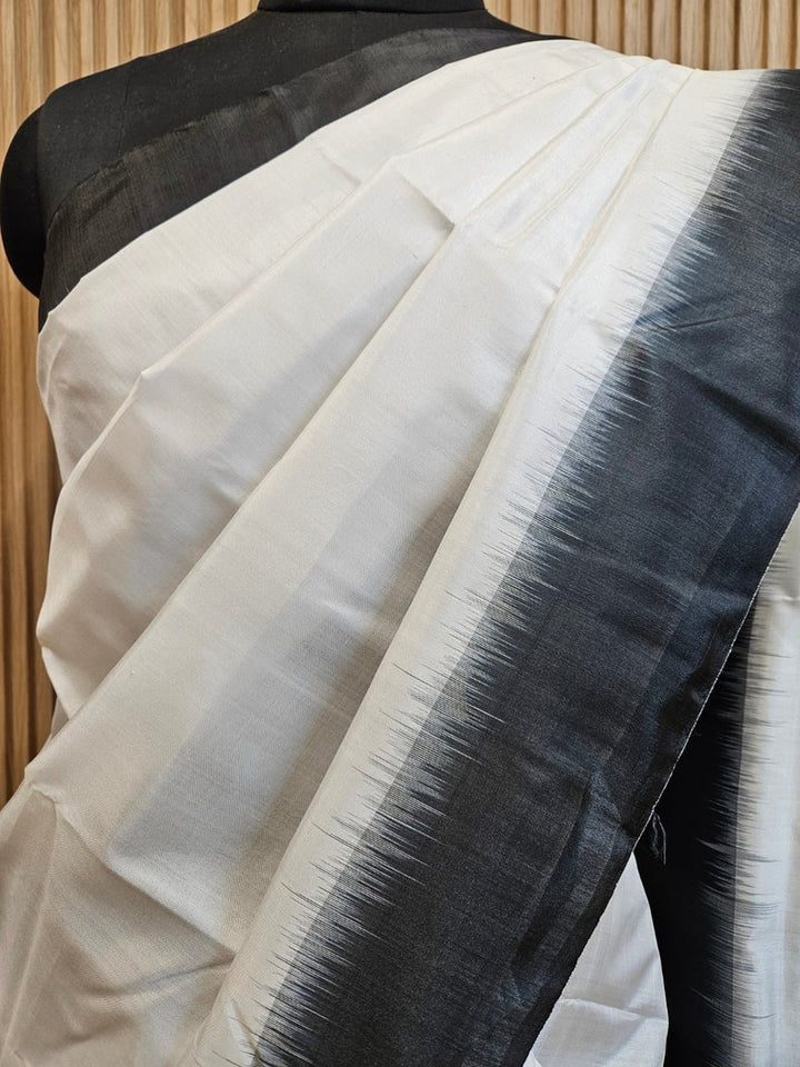 White & Black Handloom Bishnupuri Katan Silk Saree with Black Contrast Border & Woven Aanchal Balaram Saha