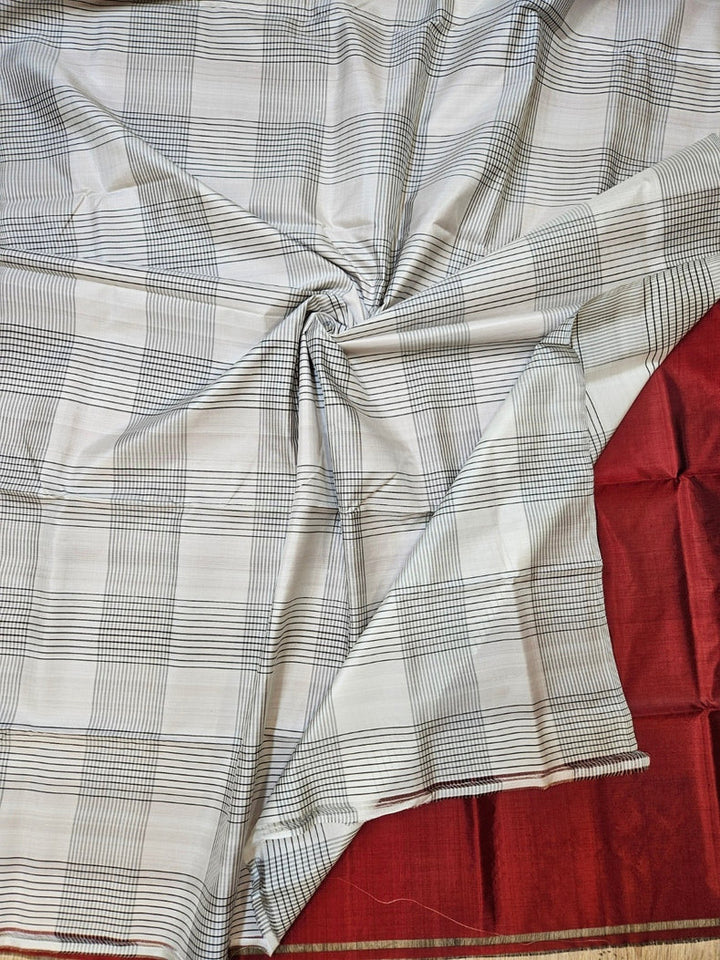 Maroon & White Handloom Pure Bishnupuri Katan Silk Saree With Half & Half Pattern Balaram Saha
