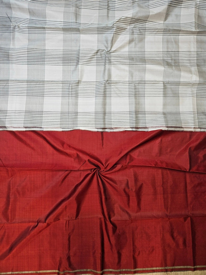 Maroon & White Handloom Pure Bishnupuri Katan Silk Saree With Half & Half Pattern Balaram Saha