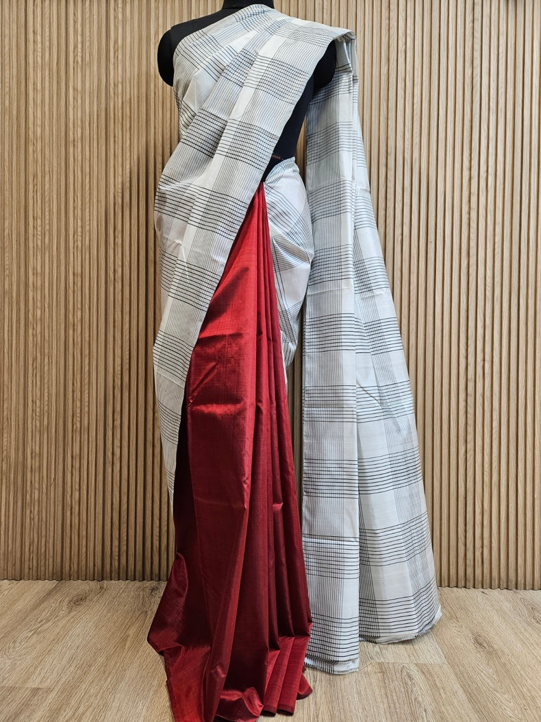 Maroon & White Handloom Pure Bishnupuri Katan Silk Saree With Half & Half Pattern Balaram Saha
