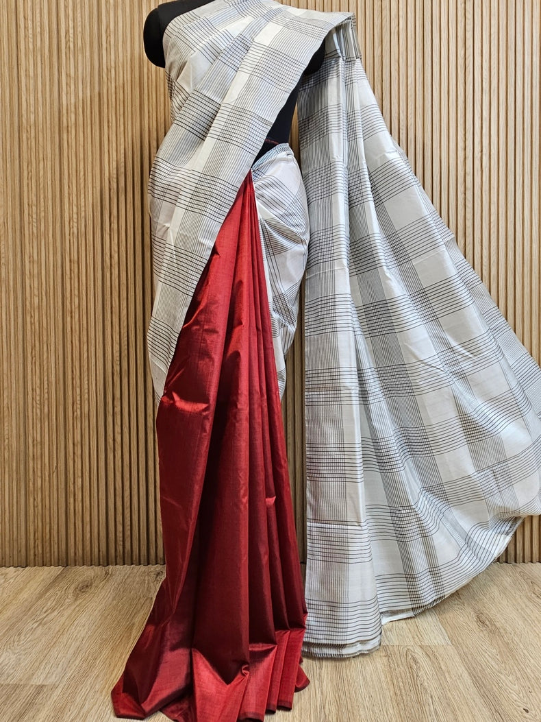 Maroon & White Handloom Pure Bishnupuri Katan Silk Saree With Half & Half Pattern Balaram Saha