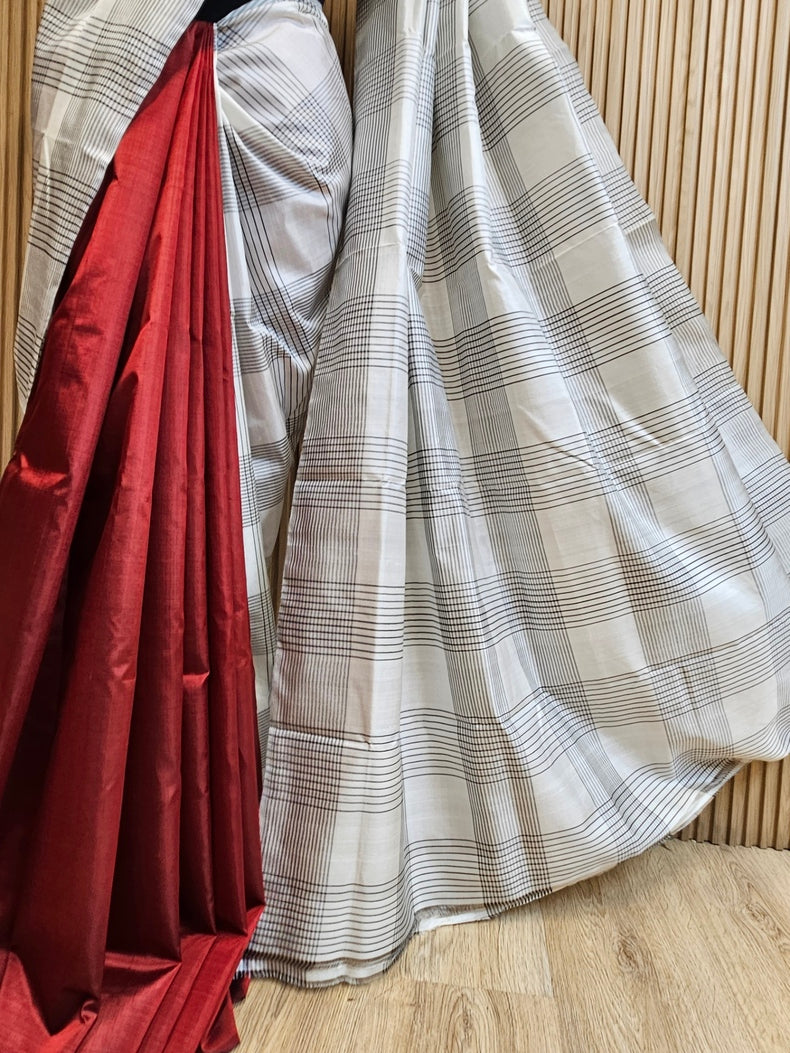 Maroon & White Handloom Pure Bishnupuri Katan Silk Saree With Half & Half Pattern Balaram Saha