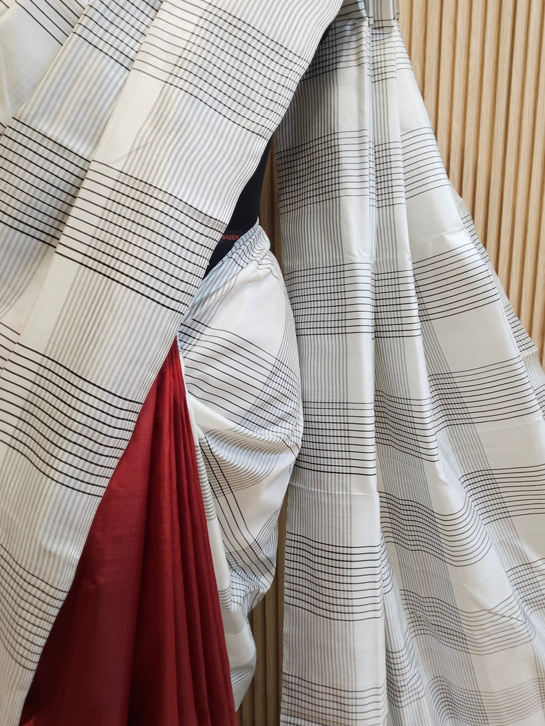 Maroon & White Handloom Pure Bishnupuri Katan Silk Saree With Half & Half Pattern Balaram Saha