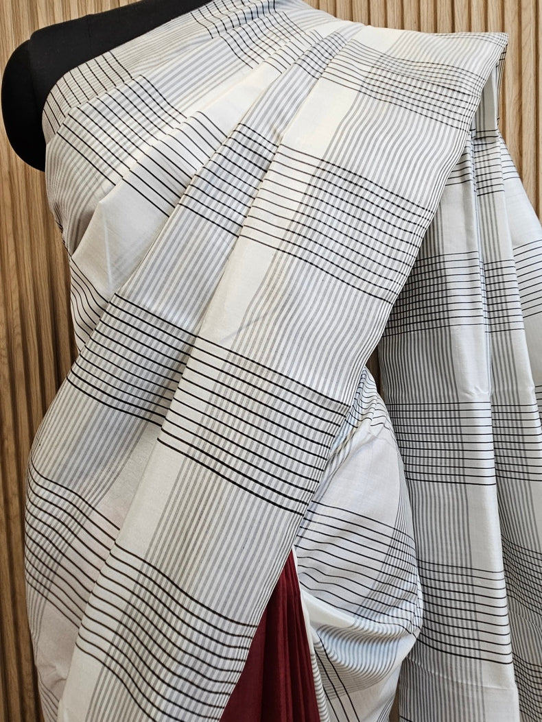 Maroon & White Handloom Pure Bishnupuri Katan Silk Saree With Half & Half Pattern Balaram Saha