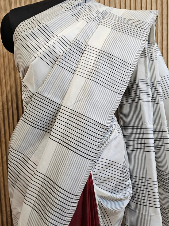 Maroon & White Handloom Pure Bishnupuri Katan Silk Saree With Half & Half Pattern Balaram Saha