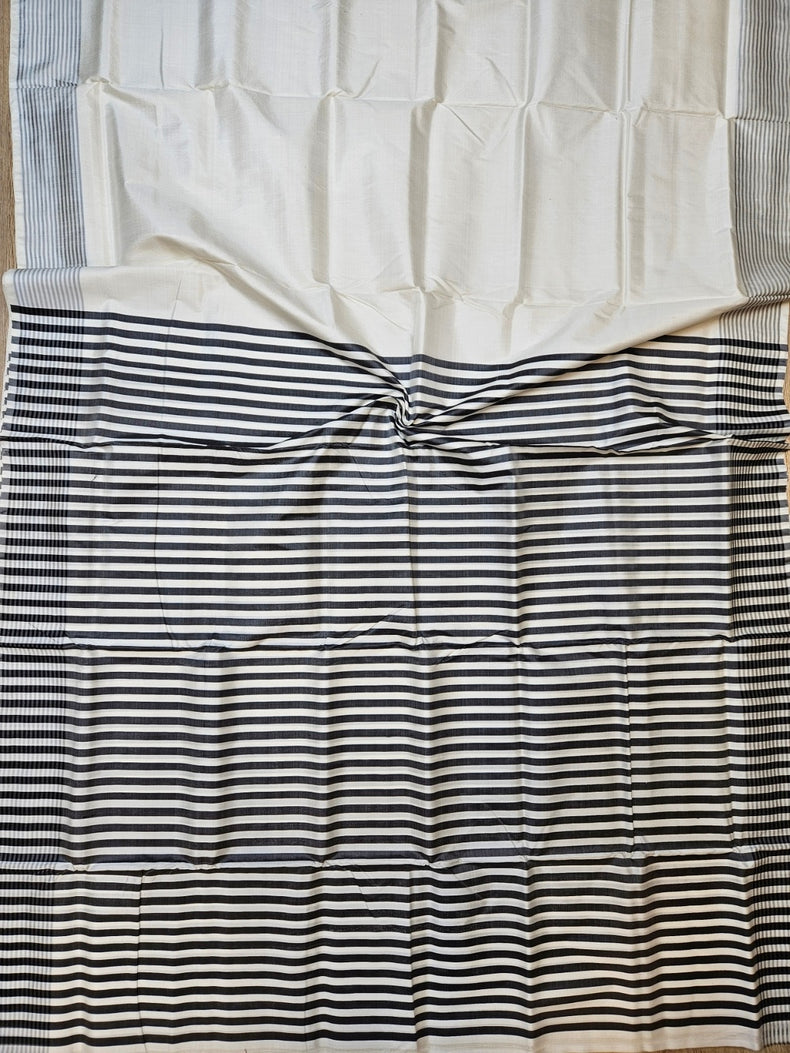 White & Grey Handloom Bishnupuri Katan Silk Saree with Grey Stripes Border & Woven Aanchal Balaram Saha