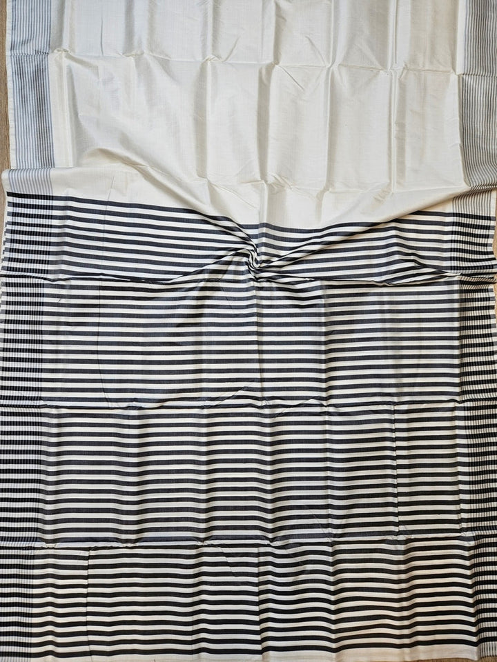 White & Grey Handloom Bishnupuri Katan Silk Saree with Grey Stripes Border & Woven Aanchal Balaram Saha