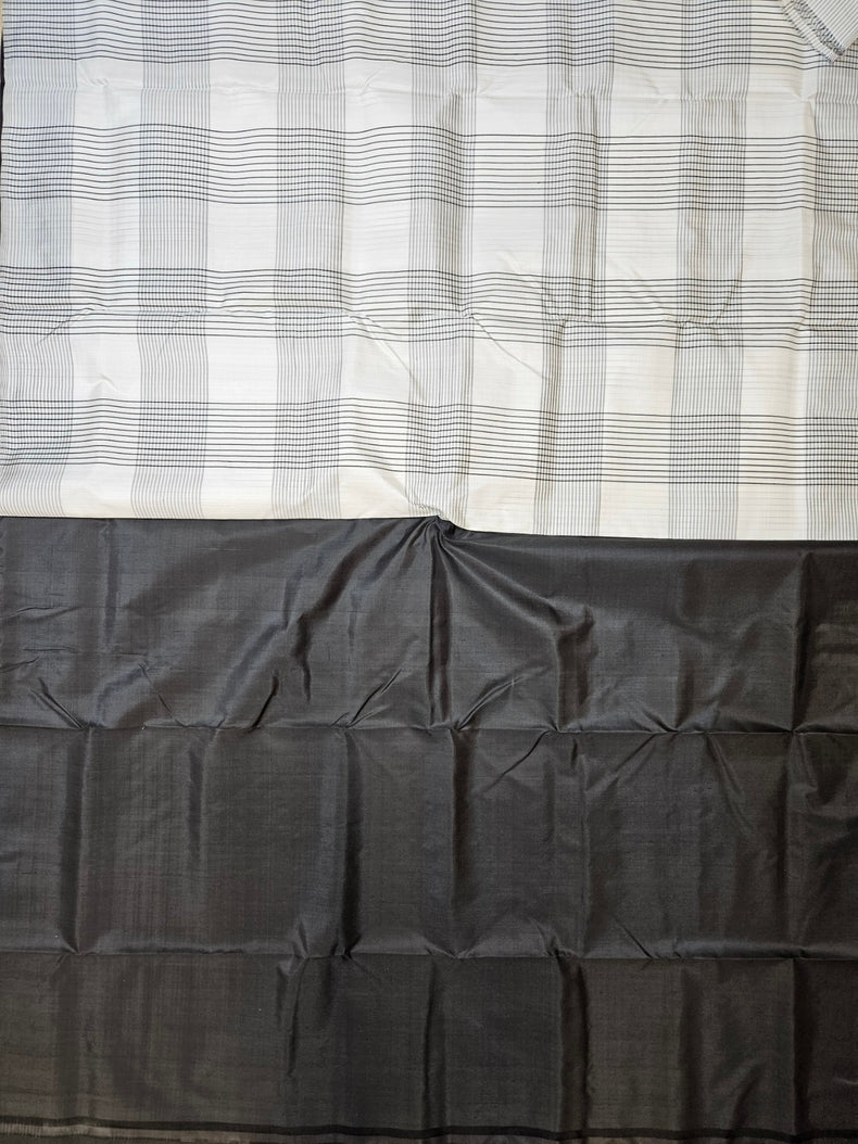 Black & White Handloom Pure Bishnupuri Katan Silk Saree with Half & Half Pattern Balaram Saha
