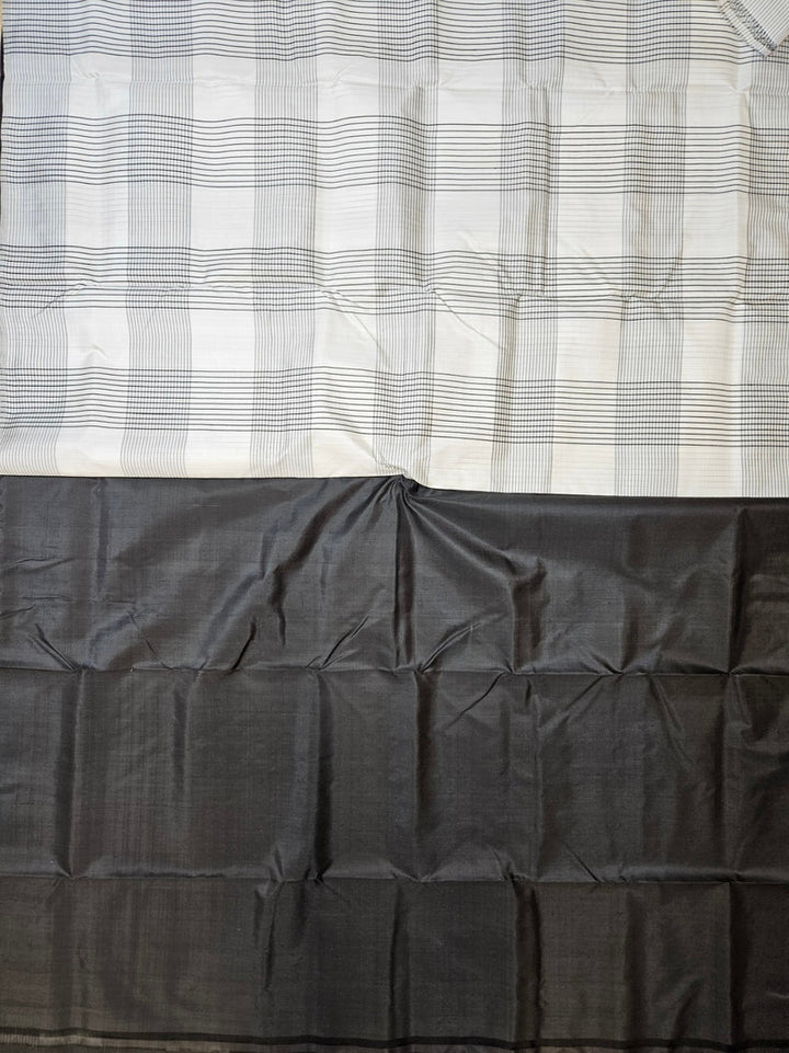 Black & White Handloom Pure Bishnupuri Katan Silk Saree with Half & Half Pattern Balaram Saha