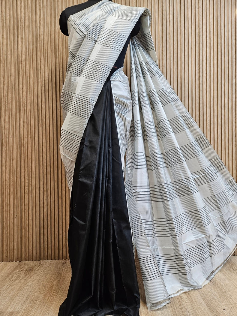 Black & White Handloom Pure Bishnupuri Katan Silk Saree with Half & Half Pattern Balaram Saha