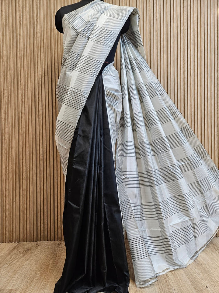 Black & White Handloom Pure Bishnupuri Katan Silk Saree with Half & Half Pattern Balaram Saha