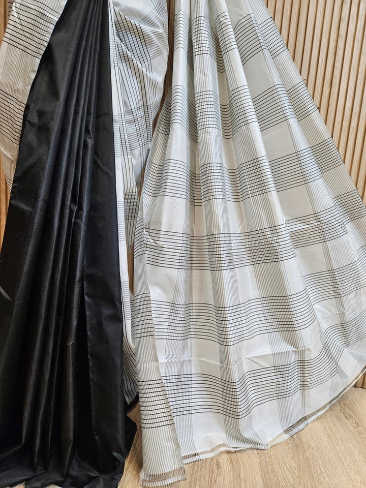 Black & White Handloom Pure Bishnupuri Katan Silk Saree with Half & Half Pattern Balaram Saha