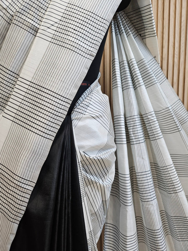 Black & White Handloom Pure Bishnupuri Katan Silk Saree with Half & Half Pattern Balaram Saha