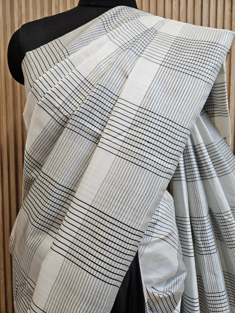 Black & White Handloom Pure Bishnupuri Katan Silk Saree with Half & Half Pattern Balaram Saha